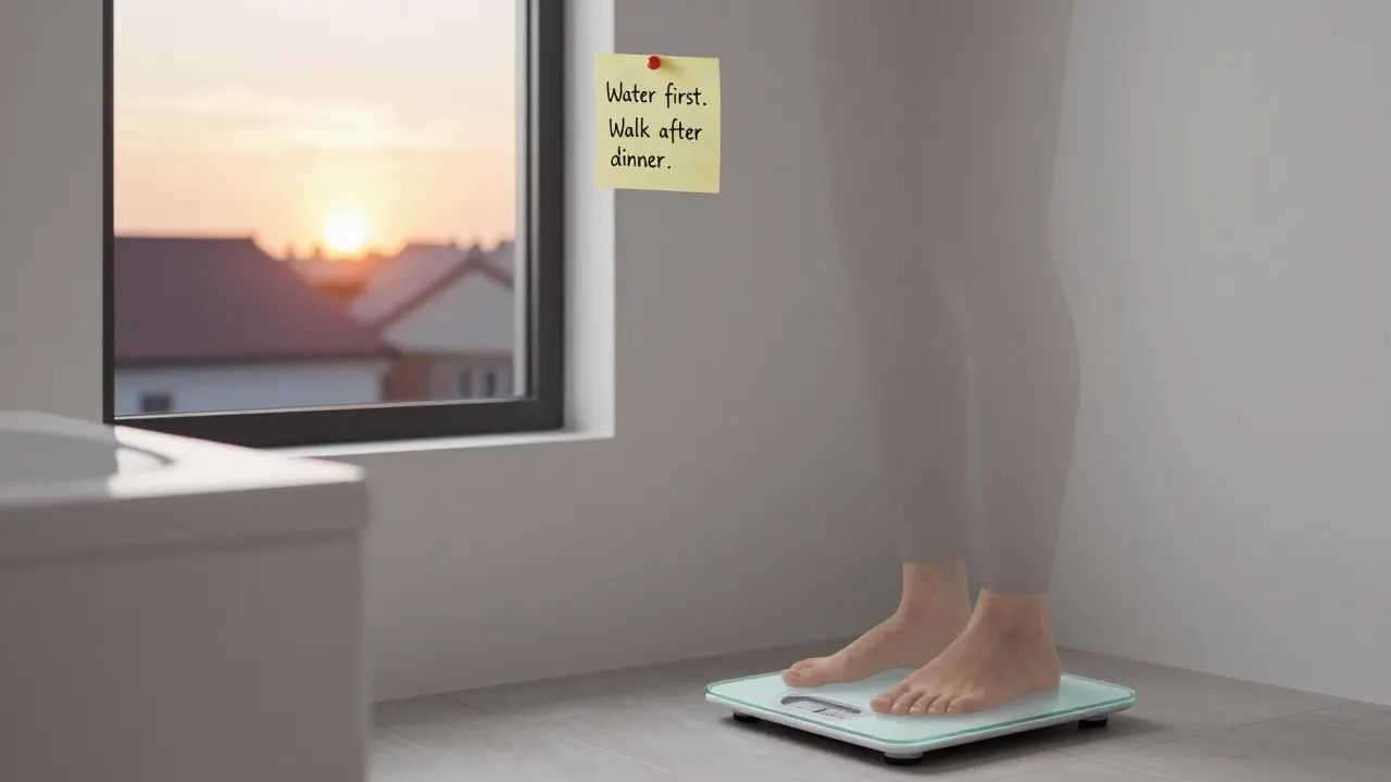 Person stepping on a scale Monday morning, reflection shows subtle weight gain, sticky note reads 'Water first. Walk after dinner.'