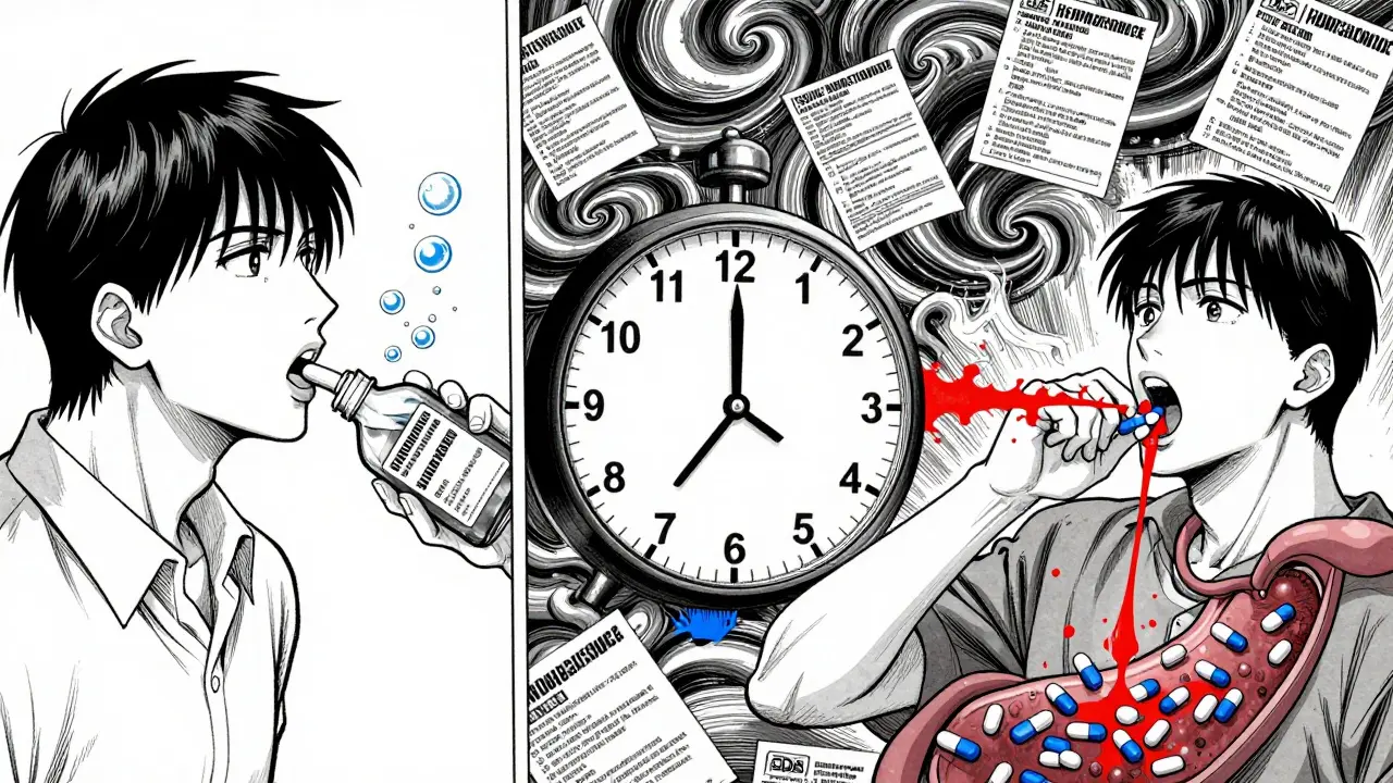 Split scene showing successful vs failed drug absorption due to stomach acid levels, with a ticking clock and medical warnings.
