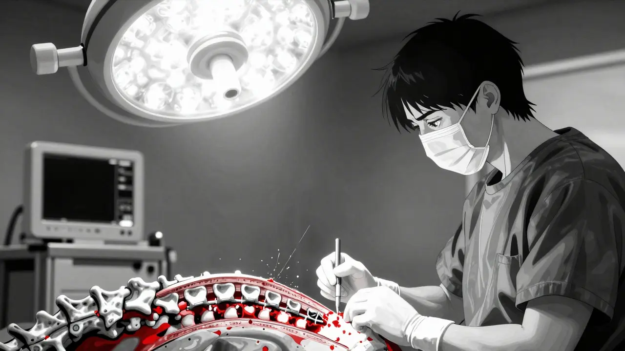 Surgeon inserting a bone cage during spinal fusion surgery, with detailed spinal anatomy and surgical tools in the background.