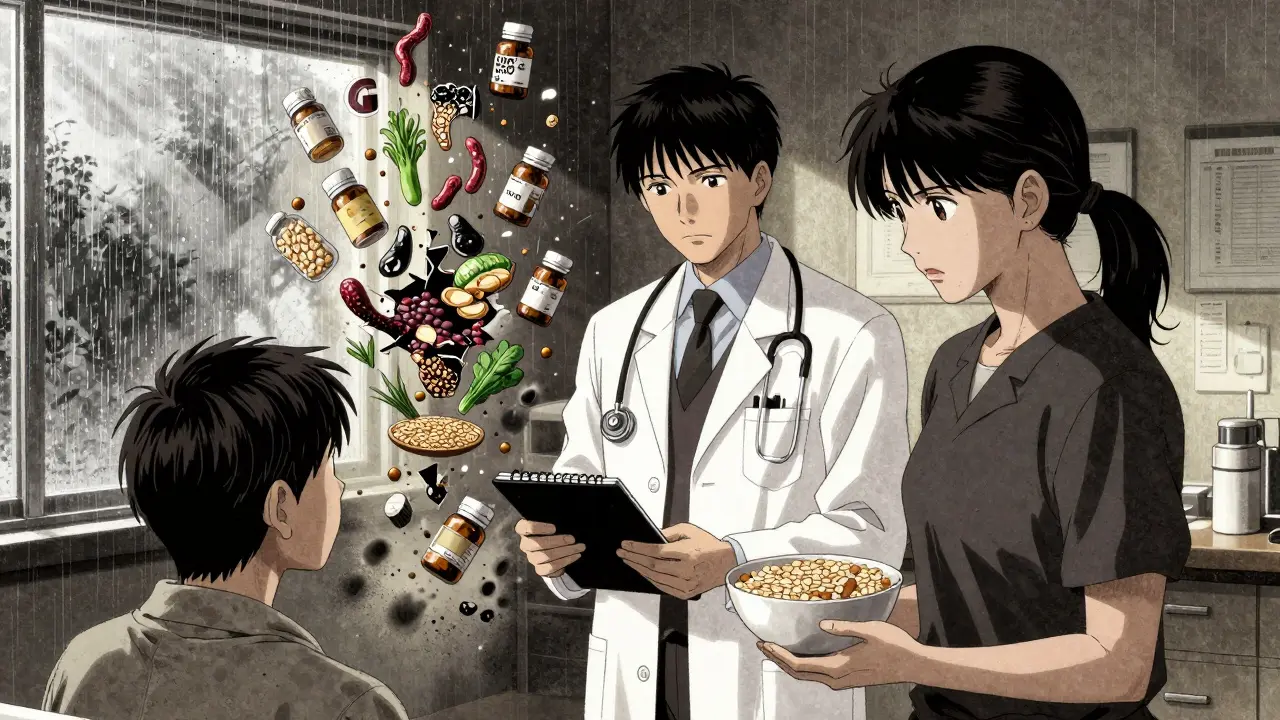 A doctor and dietitian offer a patient oats and a notebook, as pill bottles shatter behind them and healthy foods form a protective barrier.