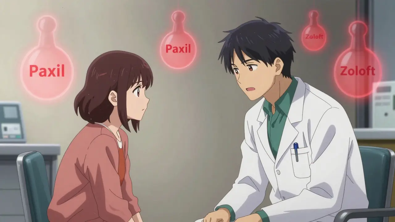 A doctor and patient in a clinic, with floating medication bottles casting red shadows of sexual dysfunction.