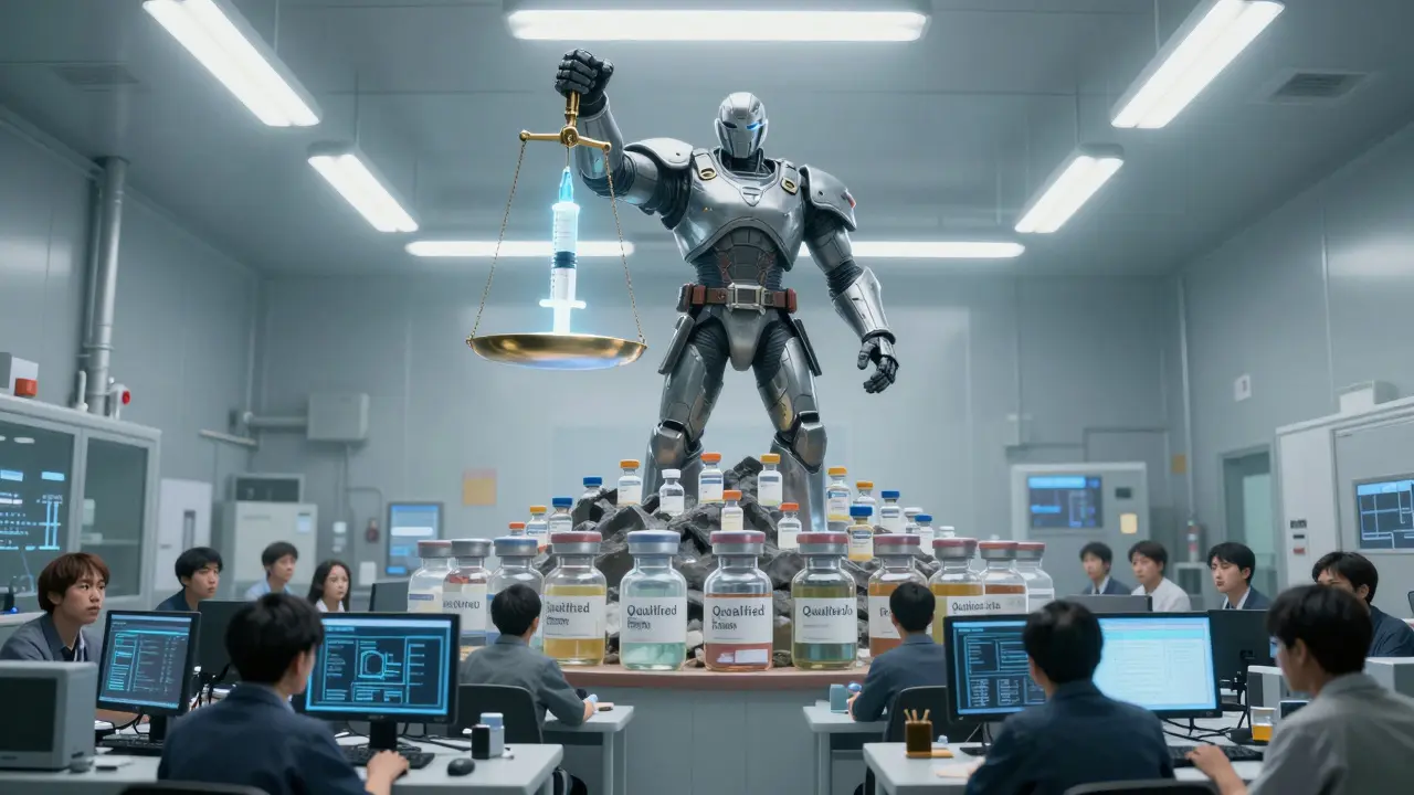 A giant Qualified Person holds scales balancing a contaminated syringe against a perfect drug batch.