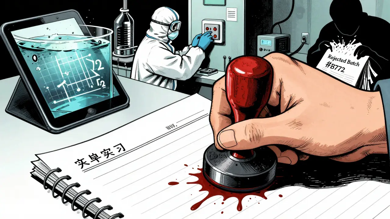 A hand stamps a batch approval seal with ink splatters, behind chaotic testing scenes.