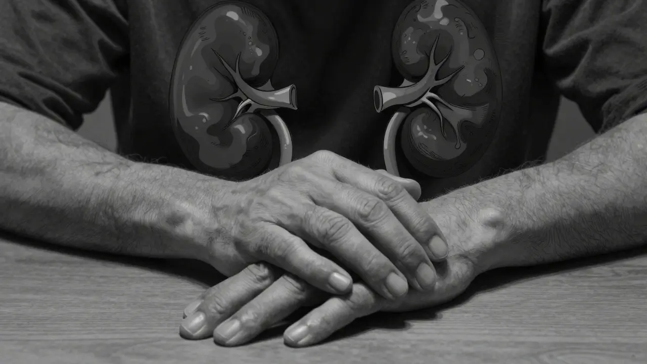 Close-up of trembling hands representing medication side effects.