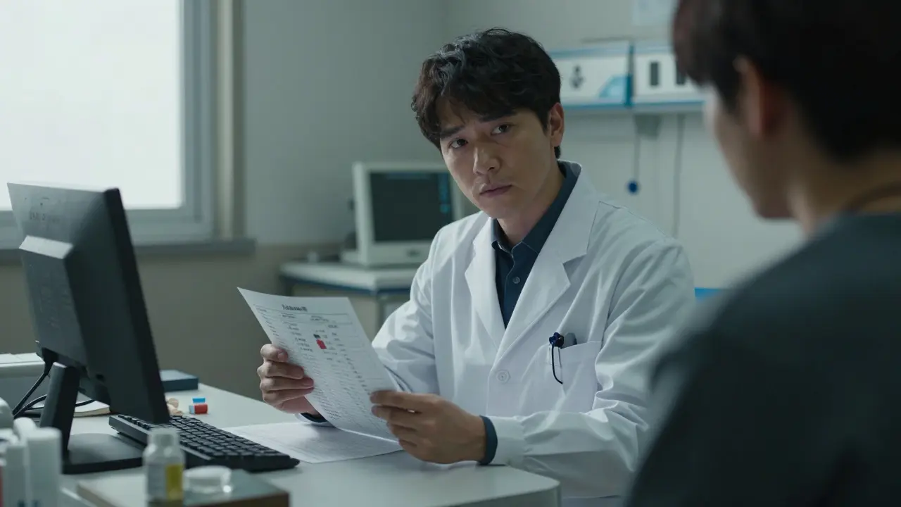 Doctor and patient reviewing medical charts in a clinic.