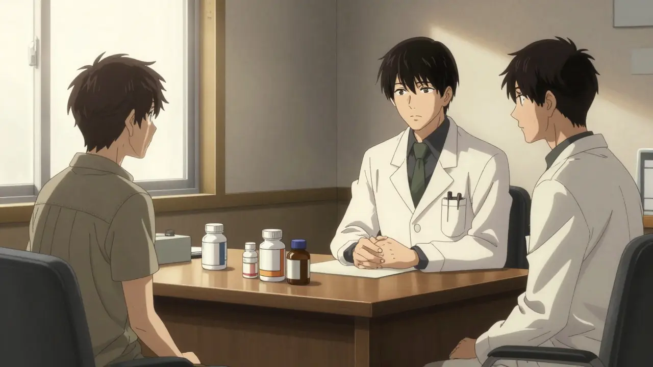 Doctor and patient reviewing supplement bottles together