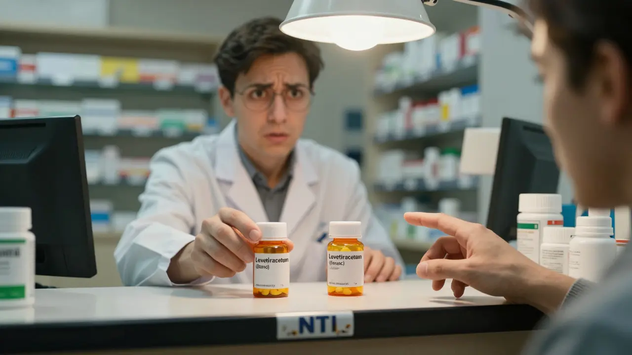 Pharmacist pausing between generic and brand-name pill bottles as a patient reaches out anxiously in a crowded pharmacy.