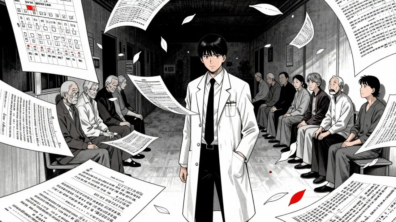 Physician standing among orderly and scattered medical documentation stacks