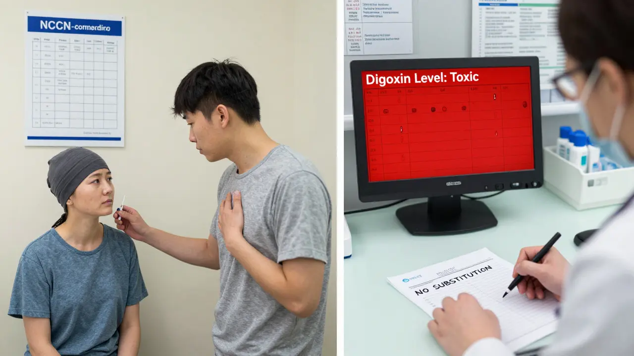 Split scene: one side shows a cancer patient receiving generic medication, the other a patient with toxic drug levels and a doctor writing 'No Substitution'.