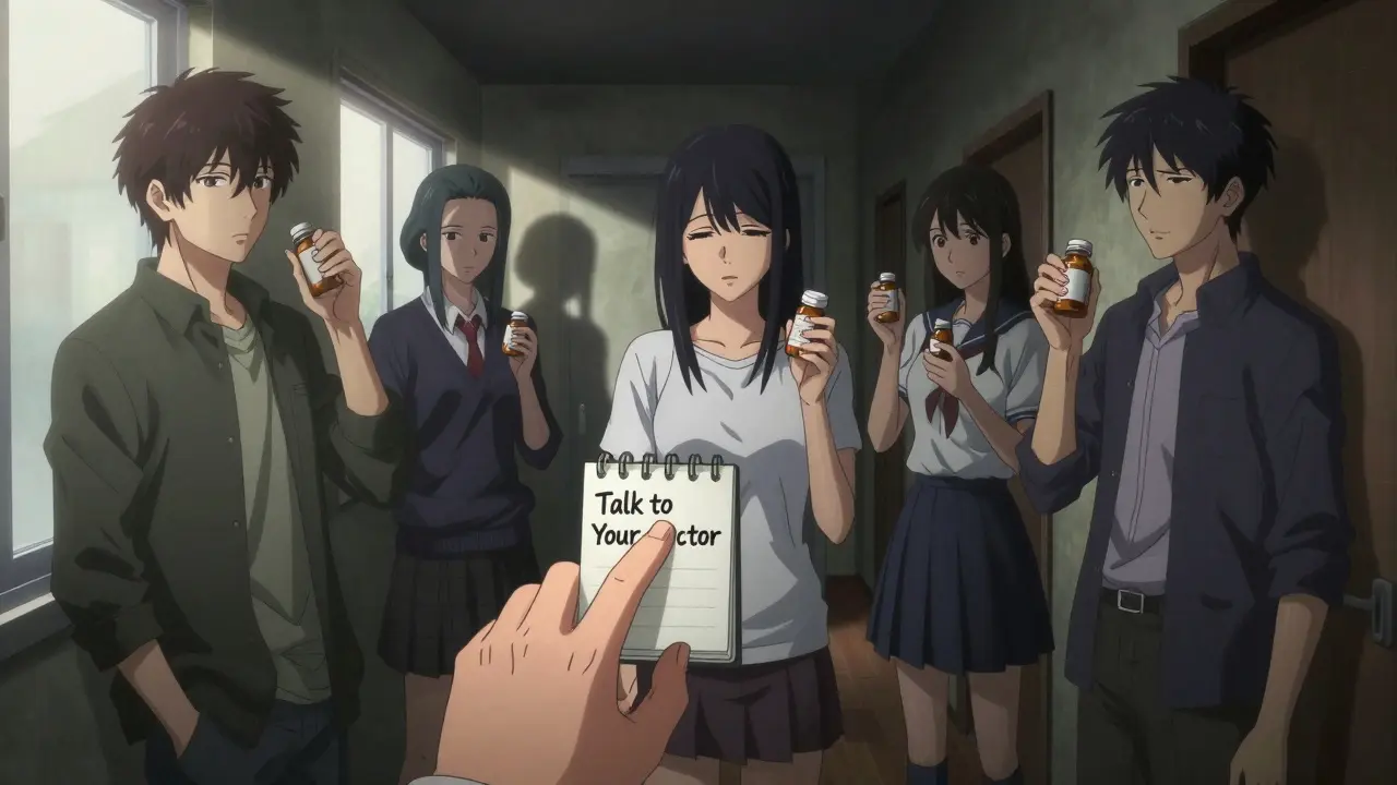 Three individuals holding medication bottles, their shadows transformed into symbols of lost sexual function under a single beam of light.