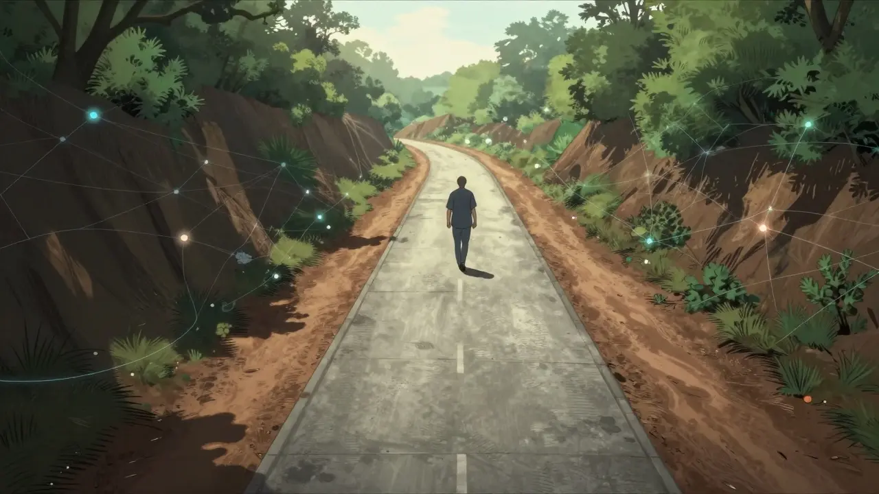 Two paths merging into one road with digital network patterns overlay