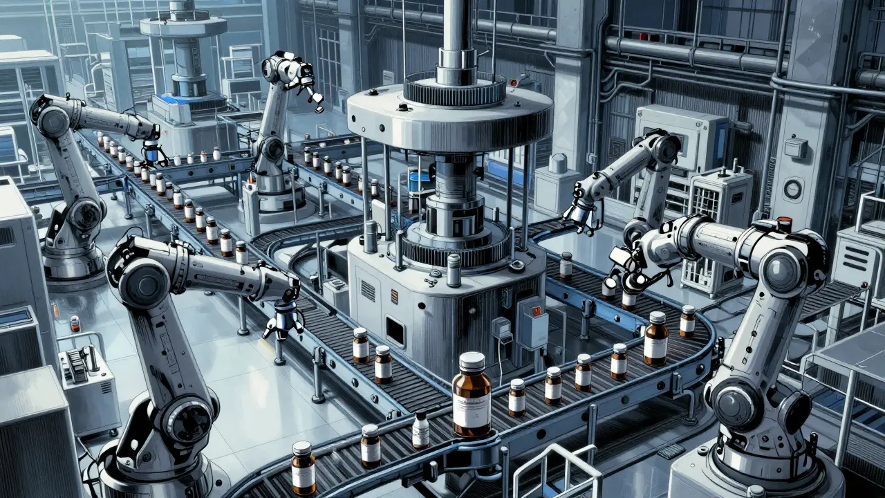A high-tech automated pharmacy fulfillment center with robotic arms.