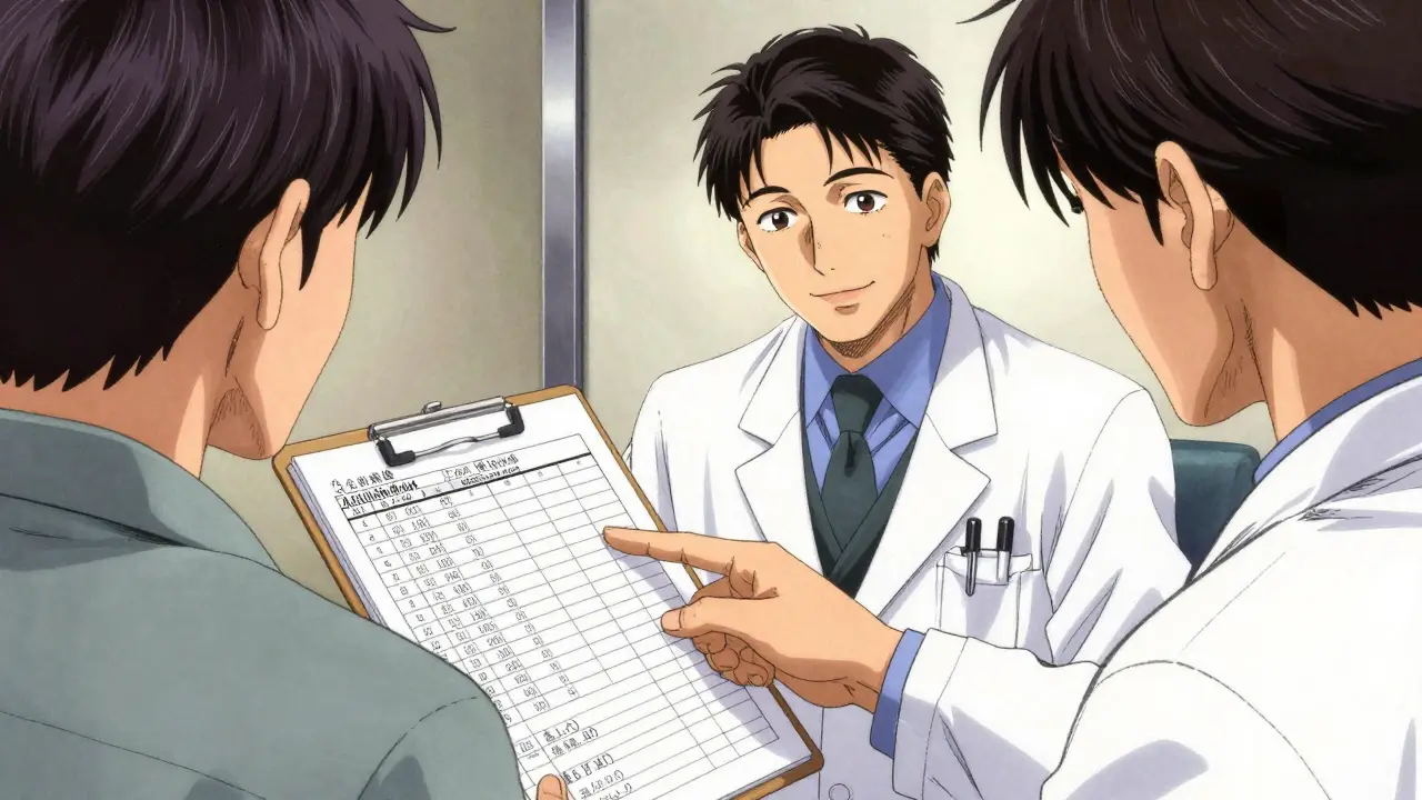 A patient showing weight data to a doctor in a medical office in Gekiga style.