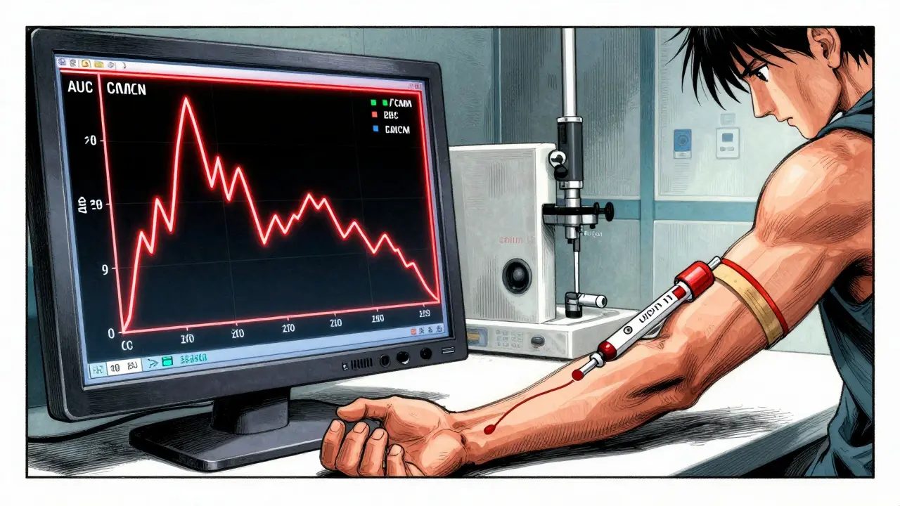 A pharmacokinetic curve on a monitor next to a clinical blood draw, Gekiga manga style.
