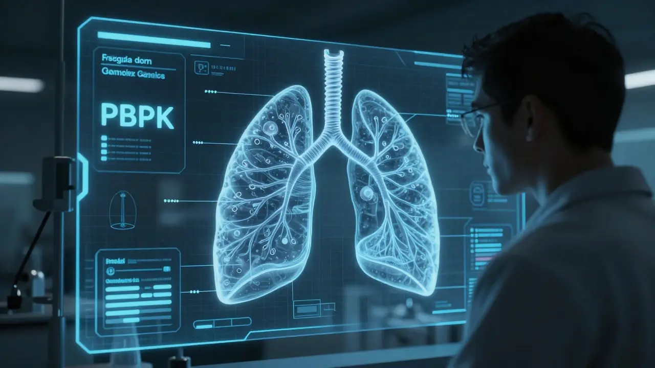 A researcher analyzing a 3D holographic lung simulation for drug modeling, Gekiga style.