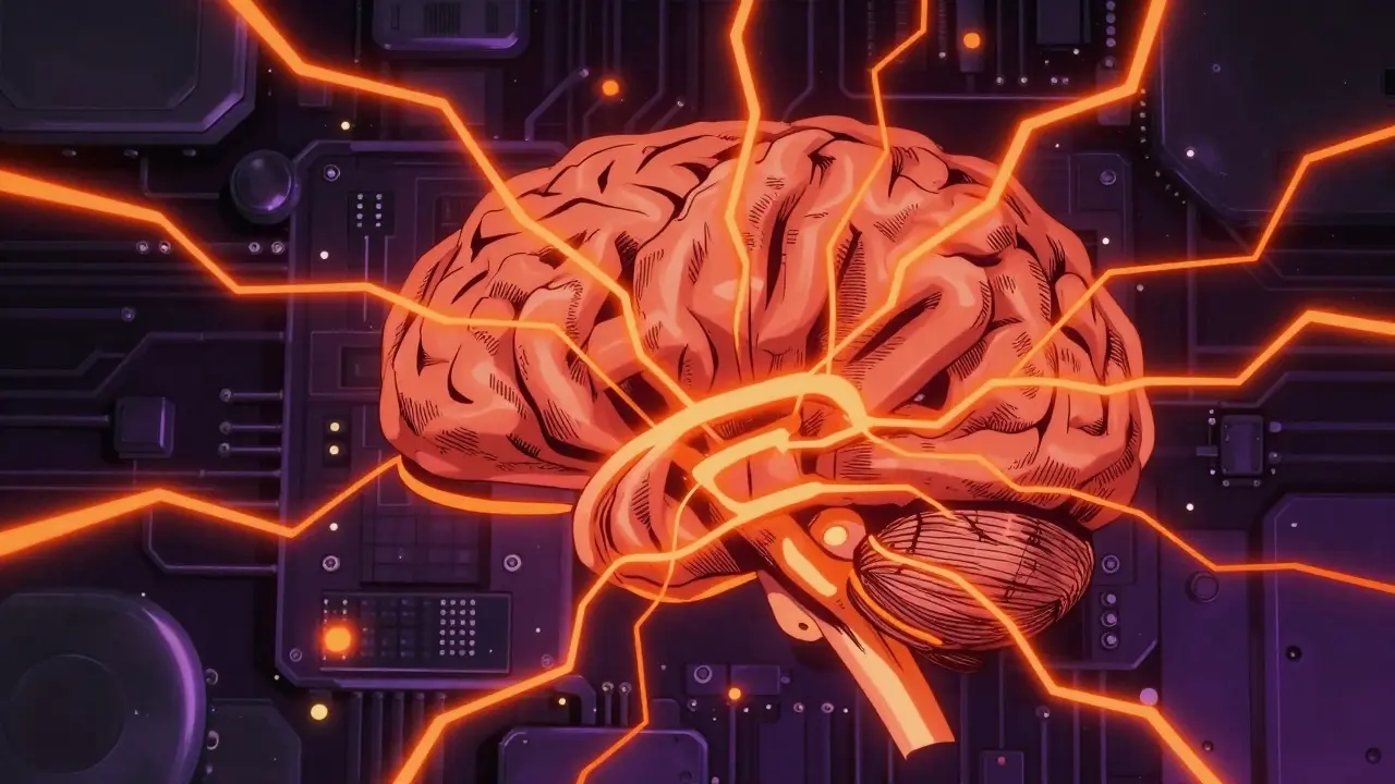 Abstract brain as a circuit board with glowing orange serotonin overloading the system.
