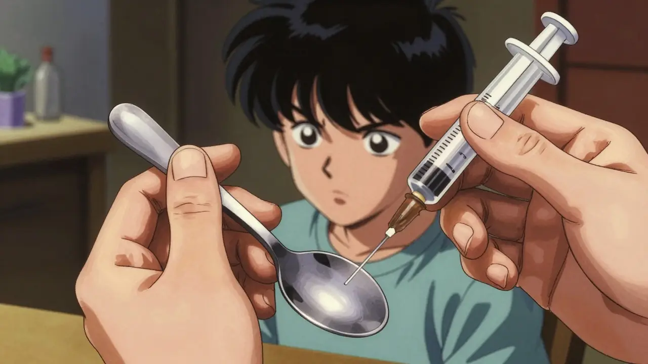 Close-up comparison of a kitchen spoon and a medical oral syringe for dosing.