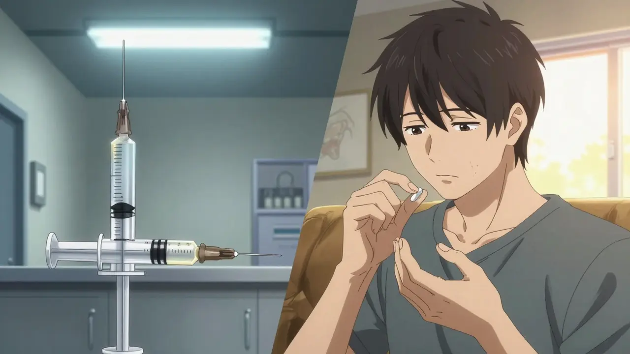 Comparison between a clinical allergy shot and taking a tablet at home.