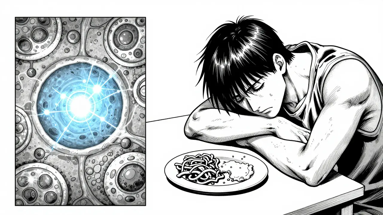 Conceptual Gekiga art showing the link between cellular receptors and physical fatigue.