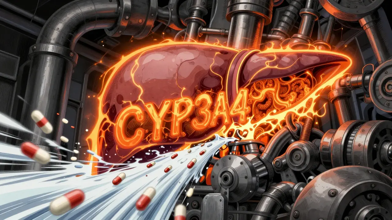 Conceptual Gekiga illustration of a liver acting as a high-speed engine flushing out medication.