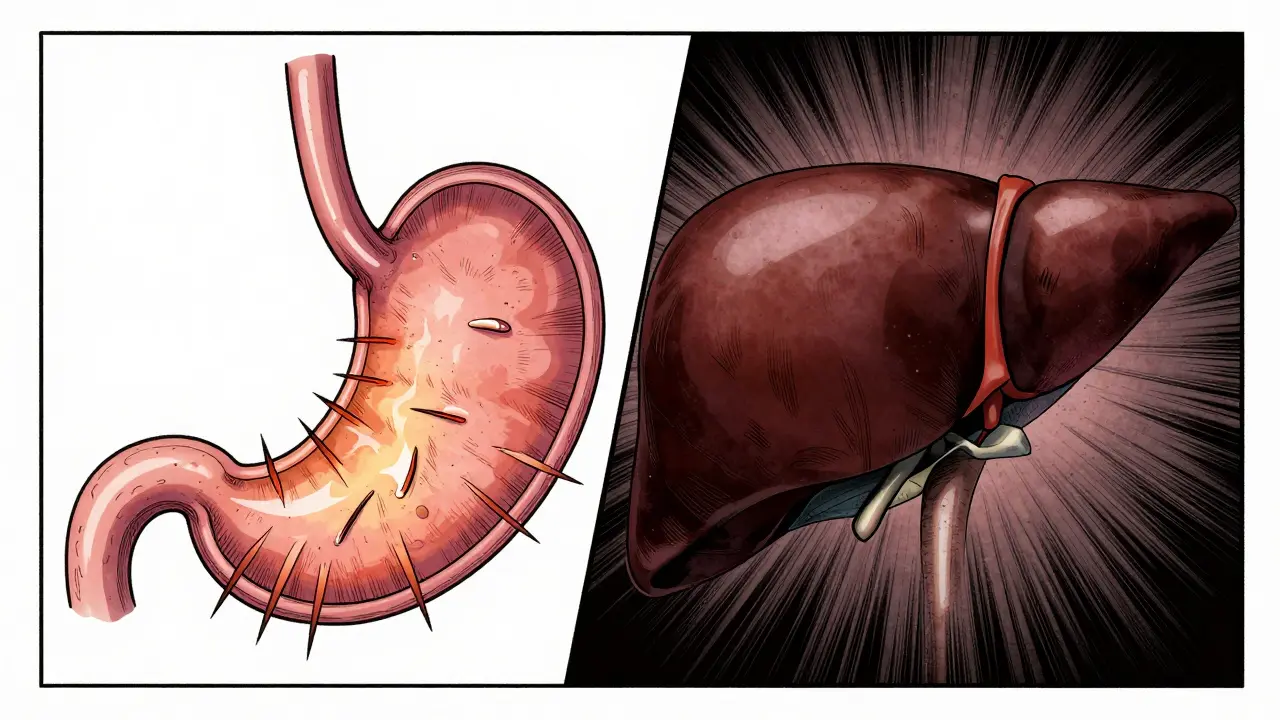 Conceptual split-screen showing the effects of medication on the stomach and liver.