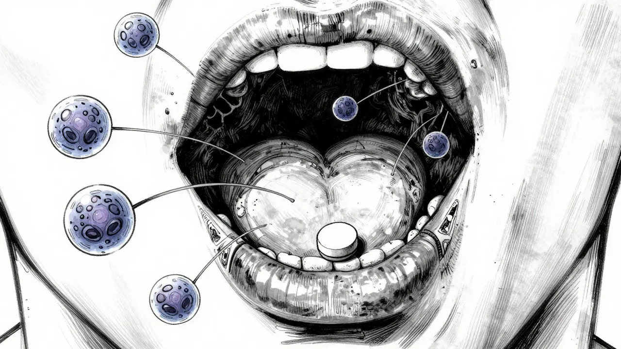 Detailed anatomical view of a sublingual tablet dissolving under the tongue.