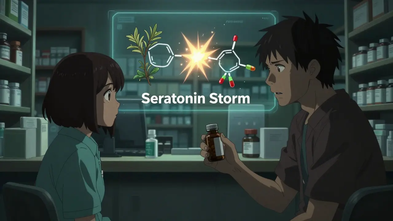 Gekiga style scene of a patient and pharmacist with a visual of chemical conflict above them.