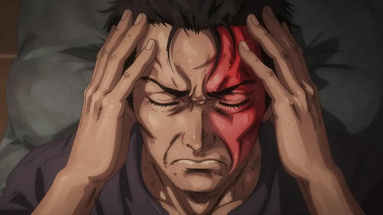Man in Gekiga anime style clutching his head during a hypertensive crisis