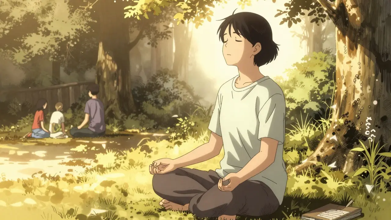 Person finding peace during recovery from medication dependence