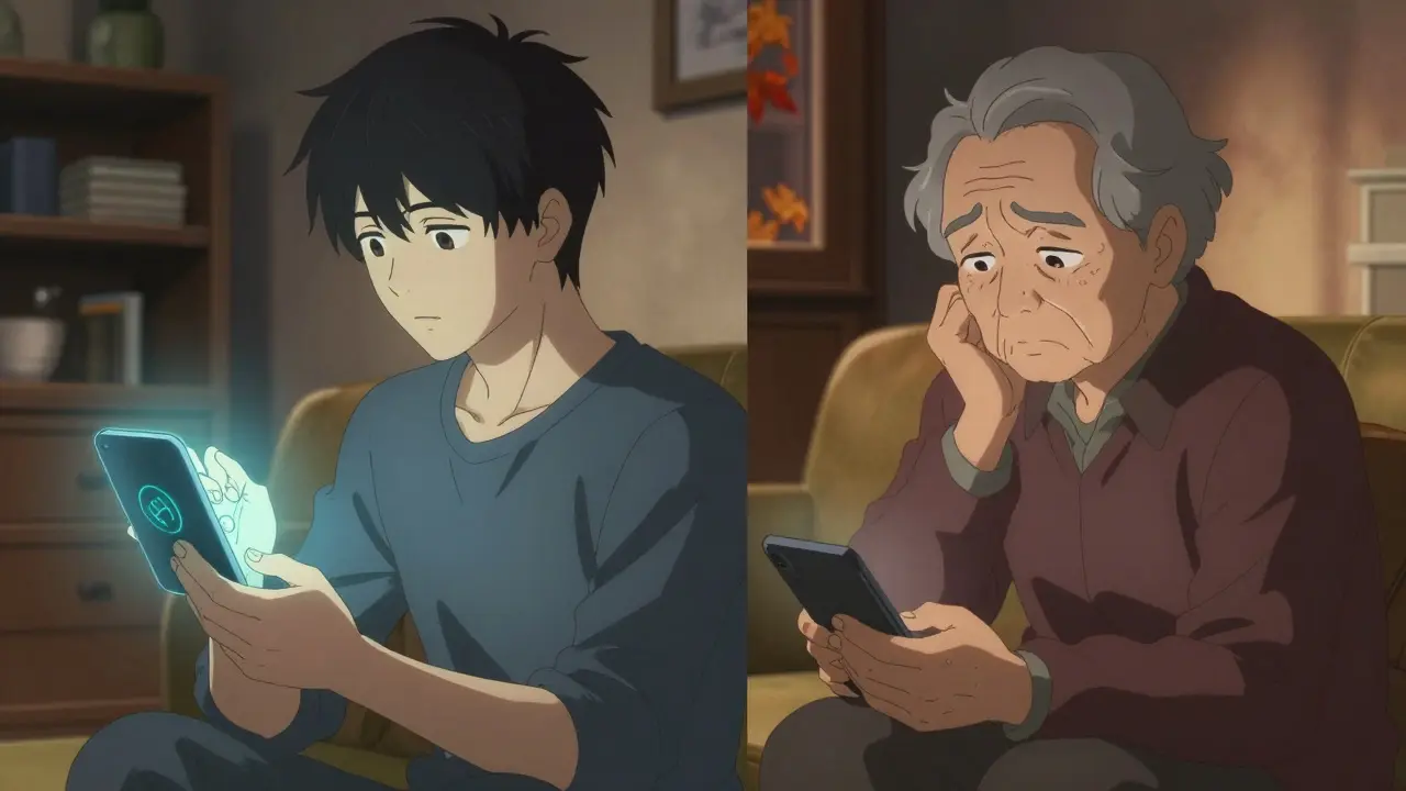 Split scene showing a young person and a senior citizen interacting with digital pharmacy tools.