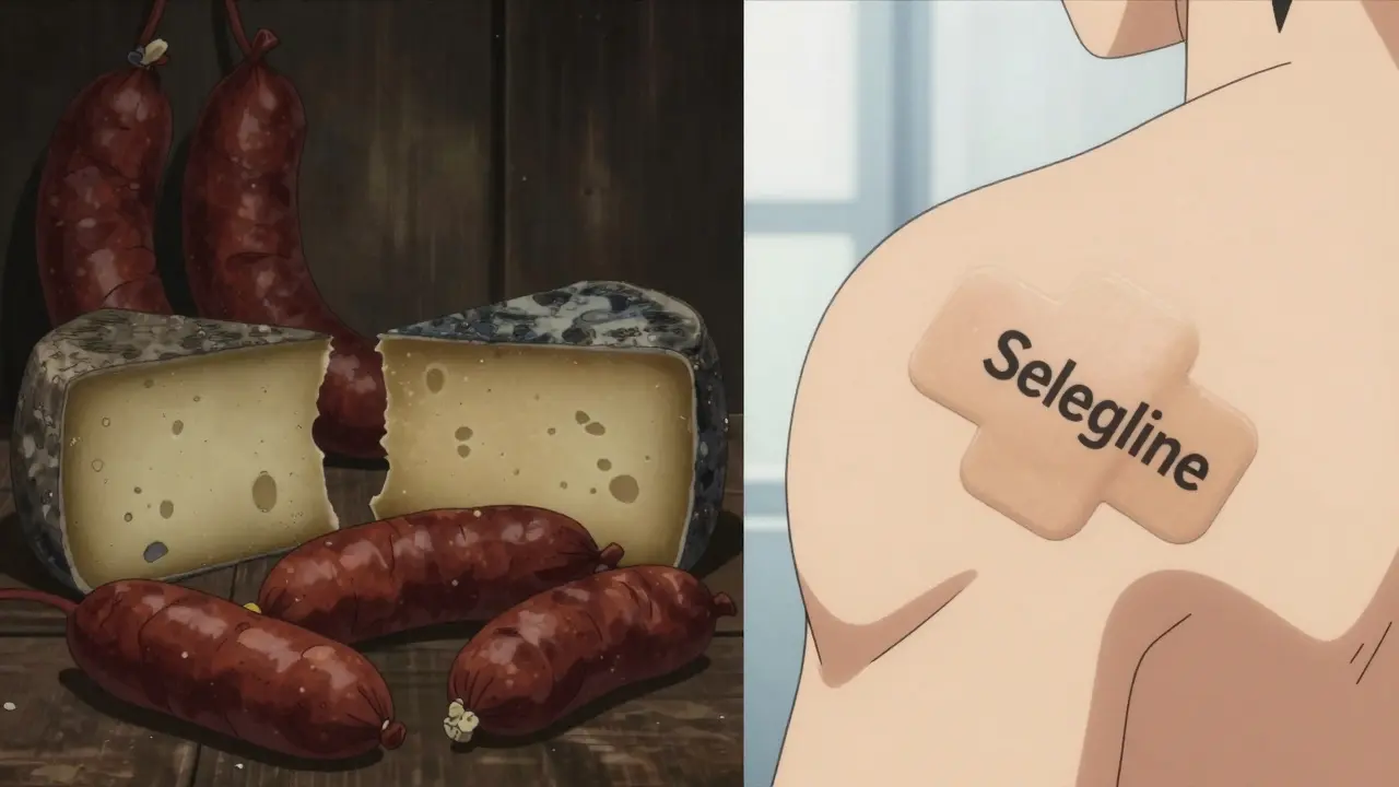 Split screen showing aged foods on one side and a medical skin patch on the other.